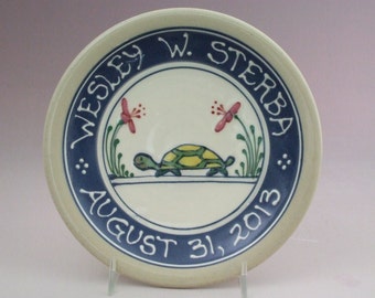 7" Personalized Child's Birth Plate -  Baby Gift New Baby Turtle Design Deluxe Multicolor Stoneware Pottery