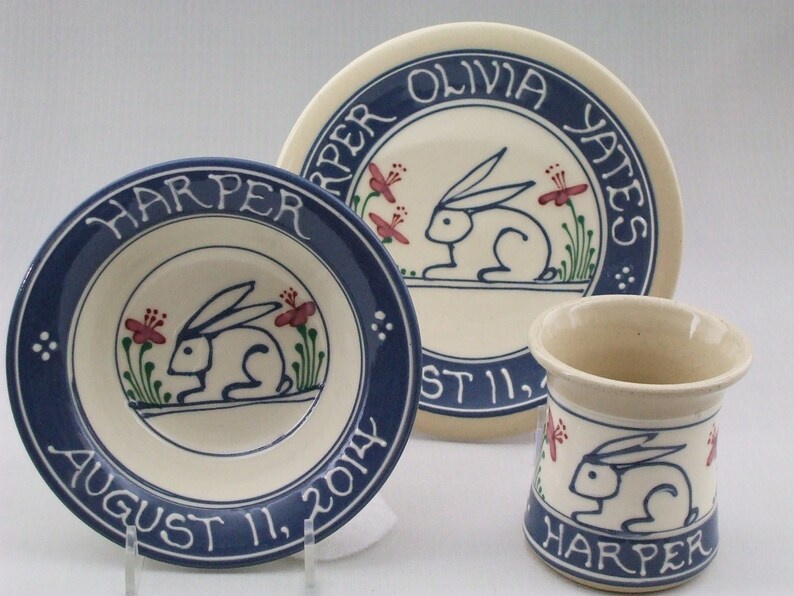 Personalized 3 Piece Baby's Set 7 Plate, Cup and Bowl Set Blue Bunny Rabbit with Flowers Multi-Color Stoneware Stoneware Pottery image 4