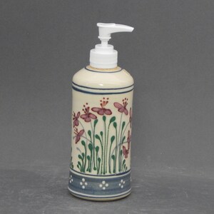 Soap or Lotion Dispenser Red and Pink Flowers on White Slip  - Stoneware Pottery