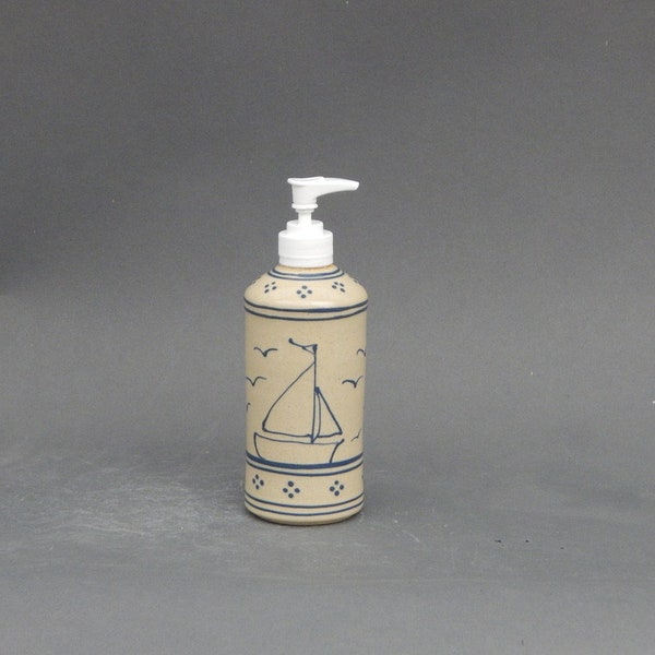 Soap or Lotion Dispenser Blue Sailboat  on Stoneware Pottery   - Stoneware Pottery