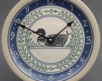 9" Large Stoneware Clock Loon with  Green Accents 9.5" diameter