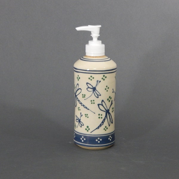 Soap or Lotion Dispenser Blue Dragonfly on white slip with green dots