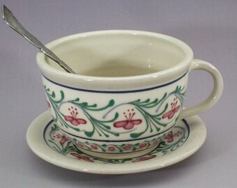 SALE! Price reduced - Last of it's kind - Soup Mug / Soup Bowl  and Plate  Red Flowers with Pink and Green