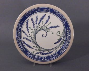 11" Personalized Blue Wheat with Green Accents Swirling Pattern Wedding Plate - Stoneware Pottery