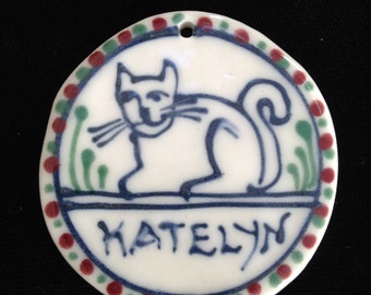 Personalized Kitty Cat Ornament   Porcelain- Stoneware Pottery