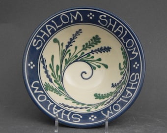 6"  Stoneware Bowl - Shalom bowl - Blue Wheat with Green Accents
