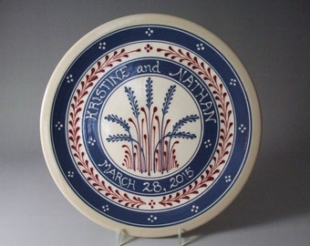 Ceramic 11" Personalized Blue Wheat with Red Accents  Wedding Plate - Stoneware Pottery