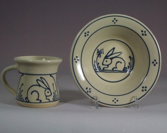 Sale! Price reduced!  Baby Mug and Bowl Child Set Bunny Rabbit  Design Stoneware Pottery