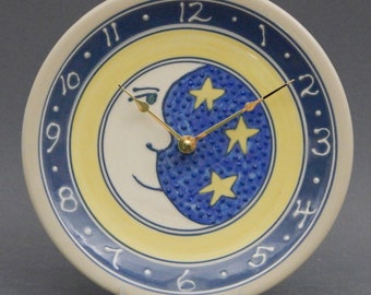 9" Large Stoneware Clock Moon and Stars Celestial Clock  Yellow Border 9.5"  diameter Stoneware Pottery