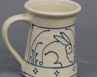 Stoneware Coffee or Tea Mug  Blue Bunny Rabbit design - Stoneware Pottery