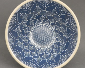 Made to Order  12.5" Extra Large Bowl  White on Dark Blue Background  Arabesque Pattern Stoneware Pottery