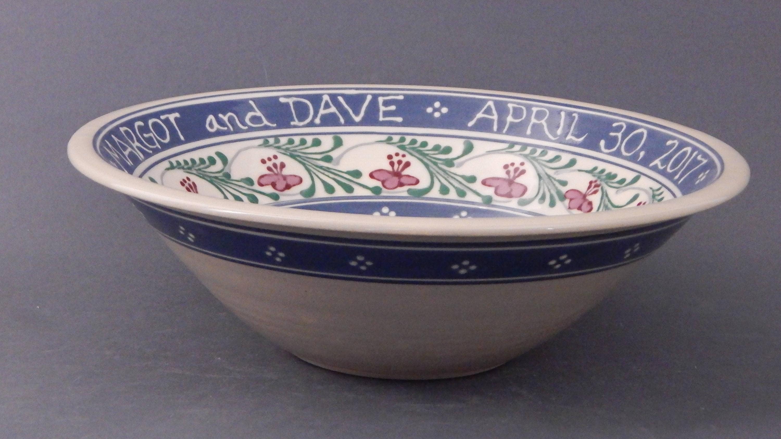PERSONALIZED Extra Large Stoneware Bowl Red and Pink Flowers Etsy