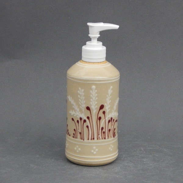 Soap or Lotion Dispenser white Wheat with Red accents on  Stoneware Pottery