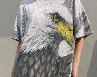 Vintage 90s Bald Eagle All Over Print American Patriotic T-Shirt Size XL