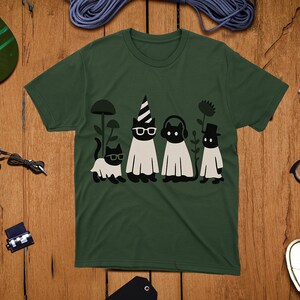 Cat Ghost With Cool Hat T-Shirt, Cute Graphic Tee, Nature Lover Gift, Unisex Softstyle Top, Perfect for Casual Outfits, Gardening Enthusiast