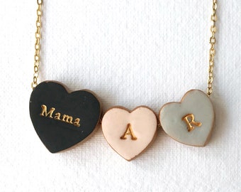 Mama necklace, stamped clay heart necklace, kids initials, mom of two, custom heart necklace, personalized clay necklace