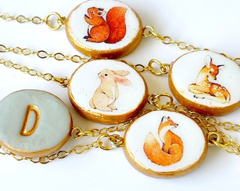 Forest Animals Jewelry, Girl Bracelet, Personalized girl jewelry, Fairy Tale jewelry, hedgehog, fox, fawn, bunny,