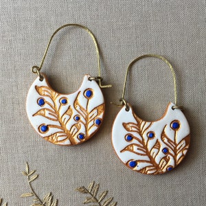 White, Blue and Gold Cold Porcelain Earrings, Portuguese tile inspired, Christmas gift for her, Gifts under 50, clay brass jewelry, handmade image 2