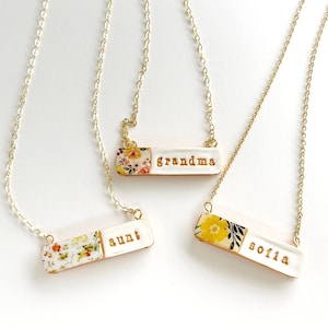 Collar de abuela, collar de tía, collar de nombre, joyería de otoño, boda de otoño, naranja quemada, azafrán, boda de canela, tela floral