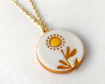 Sunflower Necklace, Dainty stamped clay jewelry with handpainted accents, Personalize with your initial, Sunflower wedding Bridesmaid gift