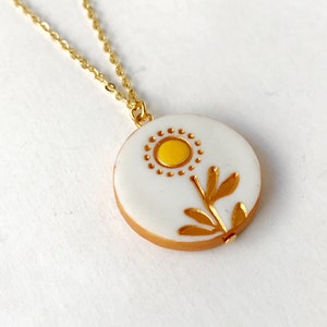 Sunflower Necklace, Dainty stamped clay jewelry with handpainted accents, Personalize with your initial, Sunflower wedding Bridesmaid gift