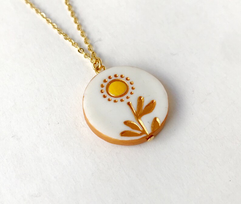 Sunflower Necklace, Dainty stamped clay jewelry with handpainted accents, Personalize with your initial, Sunflower wedding Bridesmaid gift image 1