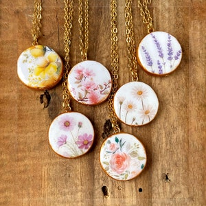 Lavender Necklace, Cosmos Necklace, Rose Necklace, Daisy Necklace, Cherry Blossom Necklace, Spring Wedding Jewelry, Clay Stamped Pendant image 3