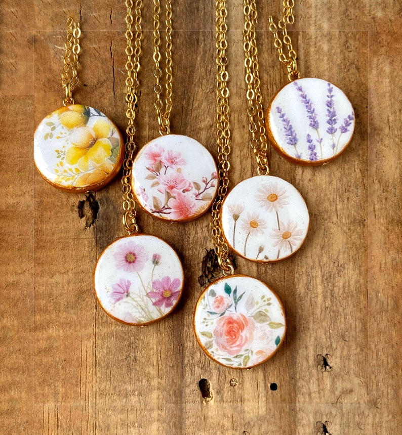 Lavender Necklace, Cosmos Necklace, Rose Necklace, Daisy Necklace, Cherry Blossom Necklace, Spring Wedding Jewelry, Clay Stamped Pendant image 3