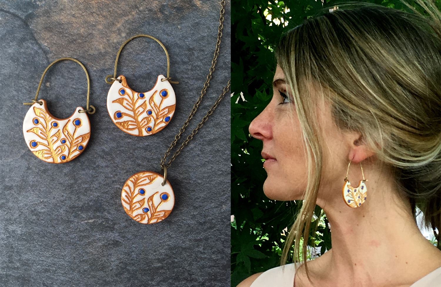 White Blue and Gold Cold Porcelain Earrings Portuguese Tile
