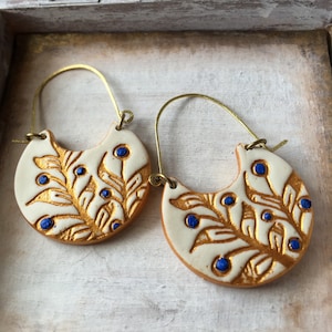 White, Blue and Gold Cold Porcelain Earrings, Portuguese tile inspired, Christmas gift for her, Gifts under 50, clay brass jewelry, handmade image 9