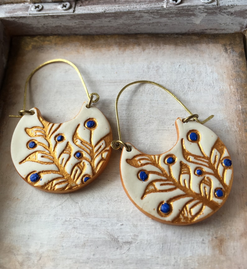 White, Blue and Gold Cold Porcelain Earrings, Portuguese tile inspired, Christmas gift for her, Gifts under 50, clay brass jewelry, handmade image 9