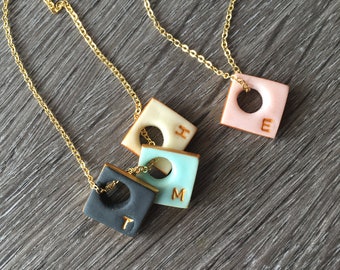 Personalized Mama Necklace: Kids Initials, Square Charm, Gold Plated Chain
