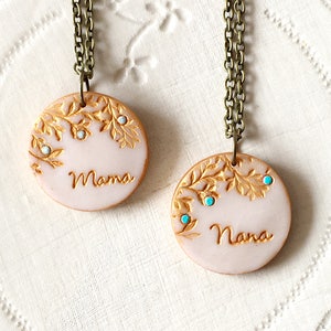 Handmade Grandma Necklace: Stamped Clay Medallion, Personalized Grandkids Names
