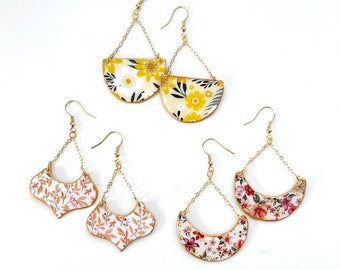 Floral Earrings, Cottage Jewelry, French Country Jewelry,  Mustard Earrings,  Liberty Print, Acrylic Earrings,  Laura Ashley style