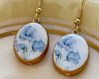 Blue Floral Earrings, PORCELAIN Inspired Earrings,  Dainty Oval Earrings, Matching Necklace and earrings set, Bridal Jewelry