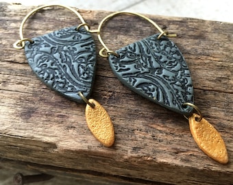 Big Black Earrings, Indian Pattern in Black and Gold and Brass hoops, Artisan Earrings, Ethnic Earrings