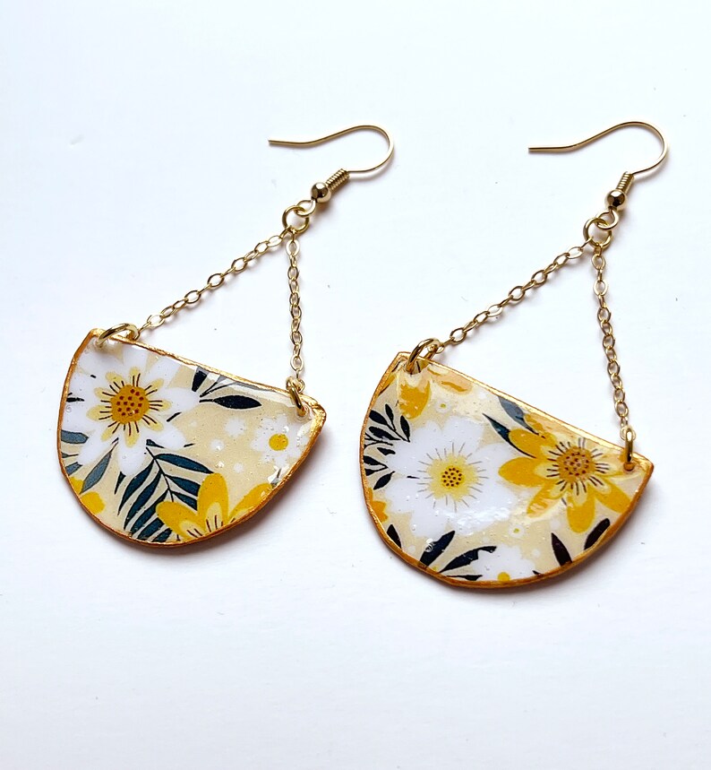 Floral Earrings, Cottage Jewelry, French Country Jewelry, Mustard Earrings, Liberty Print, Acrylic Earrings, Laura Ashley style image 9