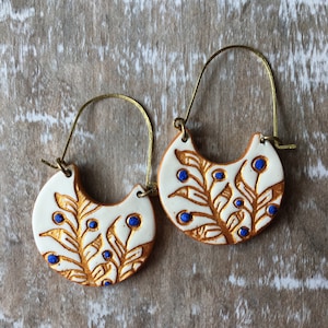 White, Blue and Gold Cold Porcelain Earrings, Portuguese tile inspired, Christmas gift for her, Gifts under 50, clay brass jewelry, handmade image 4
