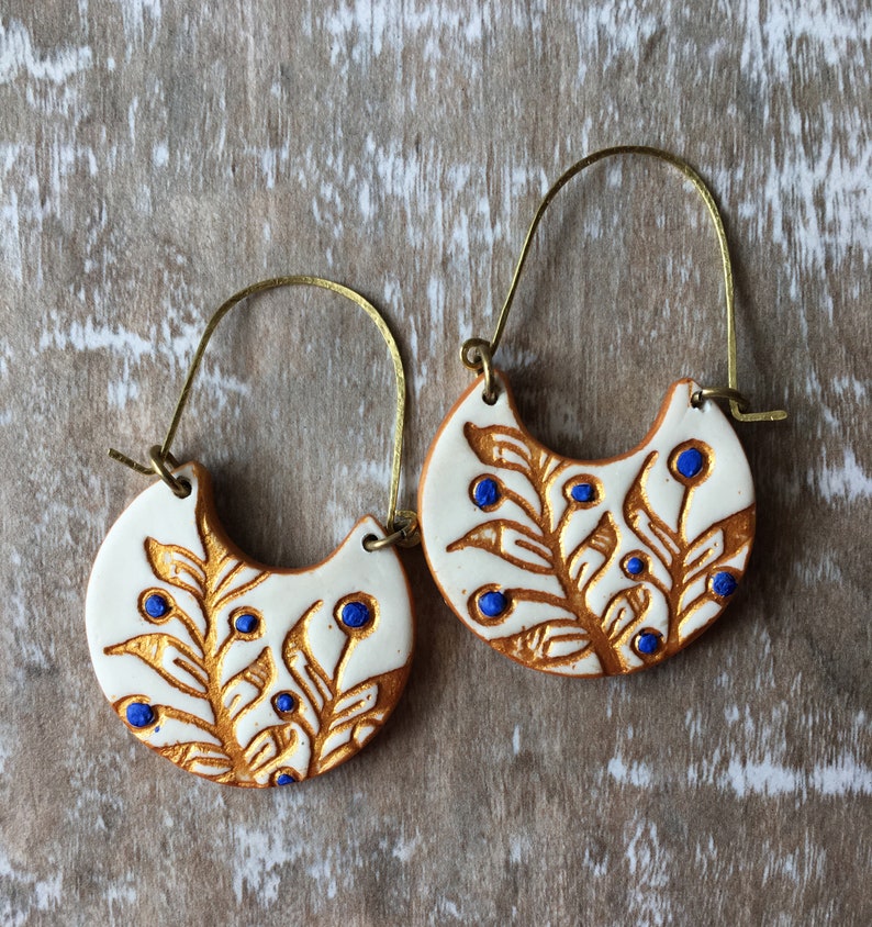 White, Blue and Gold Cold Porcelain Earrings, Portuguese tile inspired, Christmas gift for her, Gifts under 50, clay brass jewelry, handmade image 4