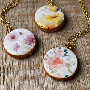 Lavender Necklace, Cosmos Necklace, Rose Necklace, Daisy Necklace, Cherry Blossom Necklace, Spring Wedding Jewelry, Clay Stamped Pendant image 8