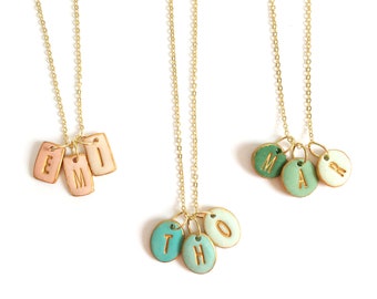 Handmade Family Initial Necklace: Gold Plated Charm, Personalized Clay Medallions