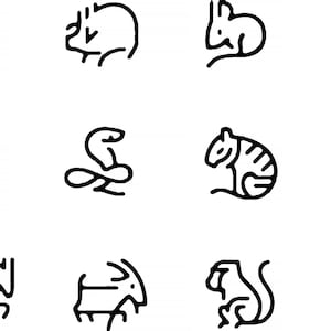 May include: Black and white line art illustrations of the 12 Chinese zodiac animals: Rat, Ox, Tiger, Rabbit, Dragon, Snake, Horse, Goat, Monkey, Rooster, Dog, and Pig.