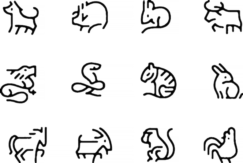 May include: Black and white line art illustrations of the 12 Chinese zodiac animals: Rat, Ox, Tiger, Rabbit, Dragon, Snake, Horse, Goat, Monkey, Rooster, Dog, and Pig.