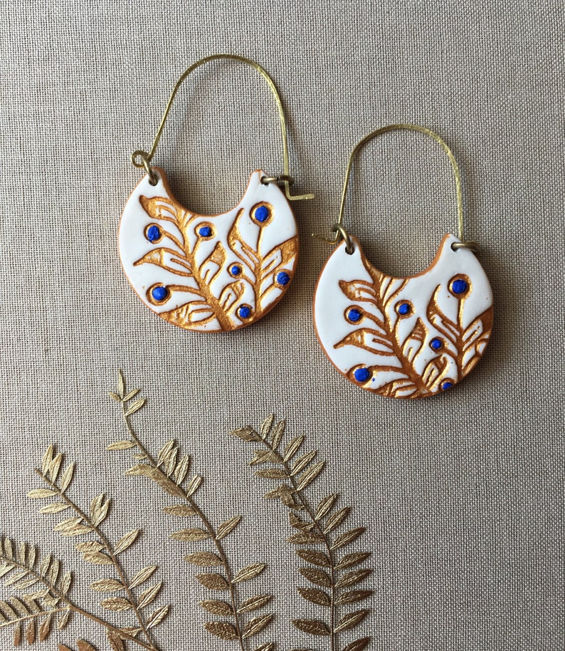 White, Blue and Gold Cold Porcelain Earrings, Portuguese tile inspired, Christmas gift for her, Gifts under 50, clay brass jewelry, handmade image 2