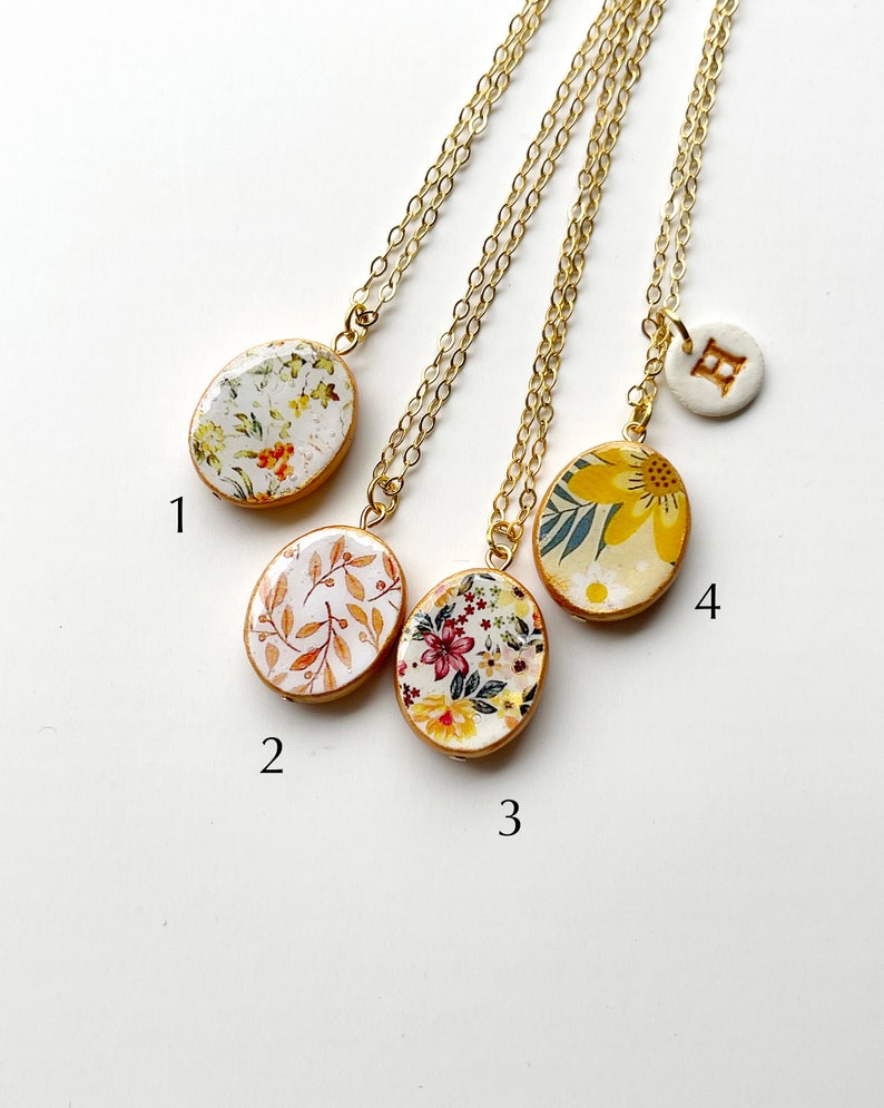 Floral necklace, Flower Pendant, Clay Initial, Autumn palette, fall colors, Autumn Jewelry, Bridal Party Gifts, Bridesmaid gift set of 4 image 10