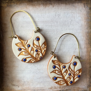 White, Blue and Gold Cold Porcelain Earrings, Portuguese tile inspired, Christmas gift for her, Gifts under 50, clay brass jewelry, handmade image 7