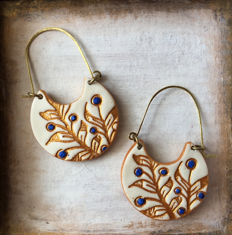 White, Blue and Gold Cold Porcelain Earrings, Portuguese tile inspired, Christmas gift for her, Gifts under 50, clay brass jewelry, handmade image 7