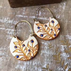 White, Blue and Gold Cold Porcelain Earrings, Portuguese tile inspired, Christmas gift for her, Gifts under 50, clay brass jewelry, handmade image 5