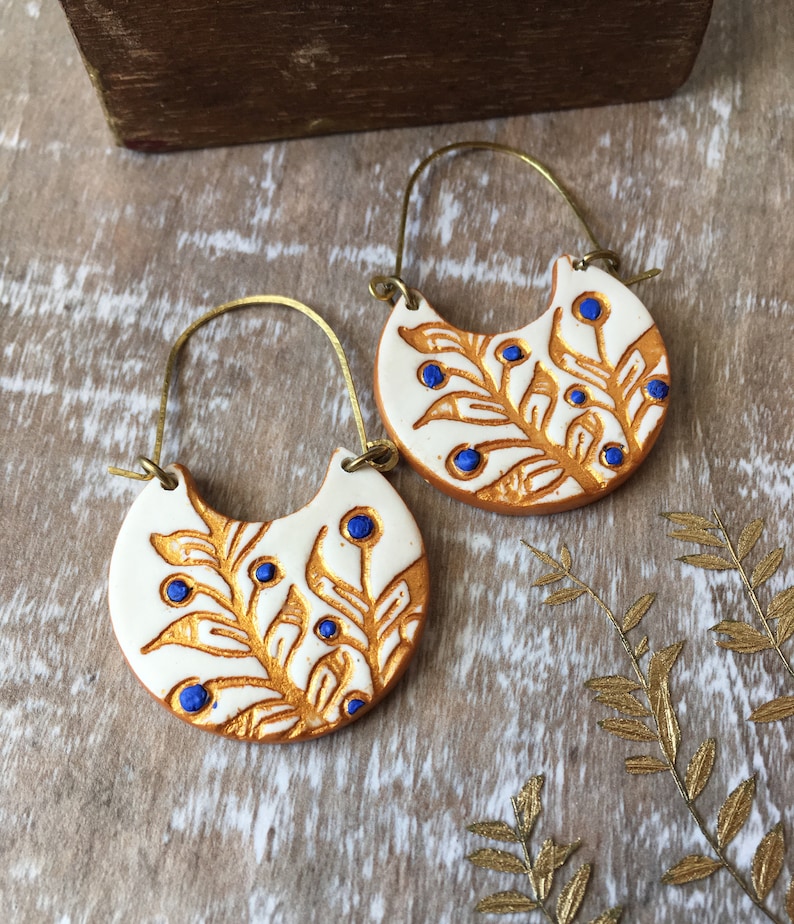 White, Blue and Gold Cold Porcelain Earrings, Portuguese tile inspired, Christmas gift for her, Gifts under 50, clay brass jewelry, handmade image 5