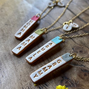 Stamped Reversible Bar Necklace, Christmas Gift, Name stamped Colorful Vertical Bar on Gold chain, Dainty Women's Jewelry, 2 in 1 Necklace image 3